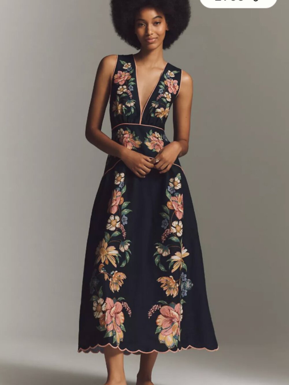 FARM Rio Maira Floral Linen Midi Dress Dark Blue V-Neck Sleeveless Fits S/M